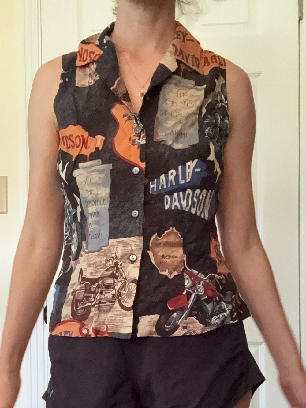 Vintage Harley-Davidson Sleeveless Button Front Women's Top - Black & Orange